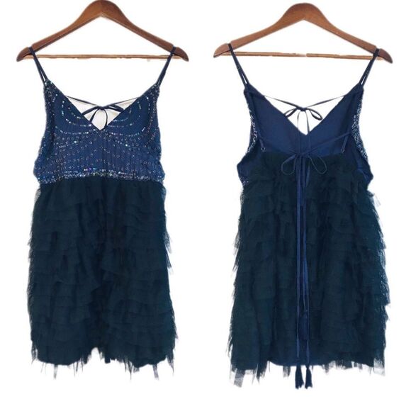 FREE PEOPLE Tulle Flutter Mini Dress Beaded Backless Navy Black Size Large New - Picture 3 of 14